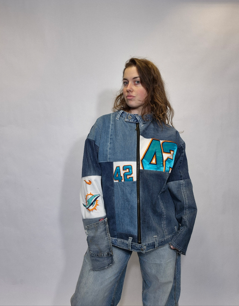 Patchwork jacket long unisex blue