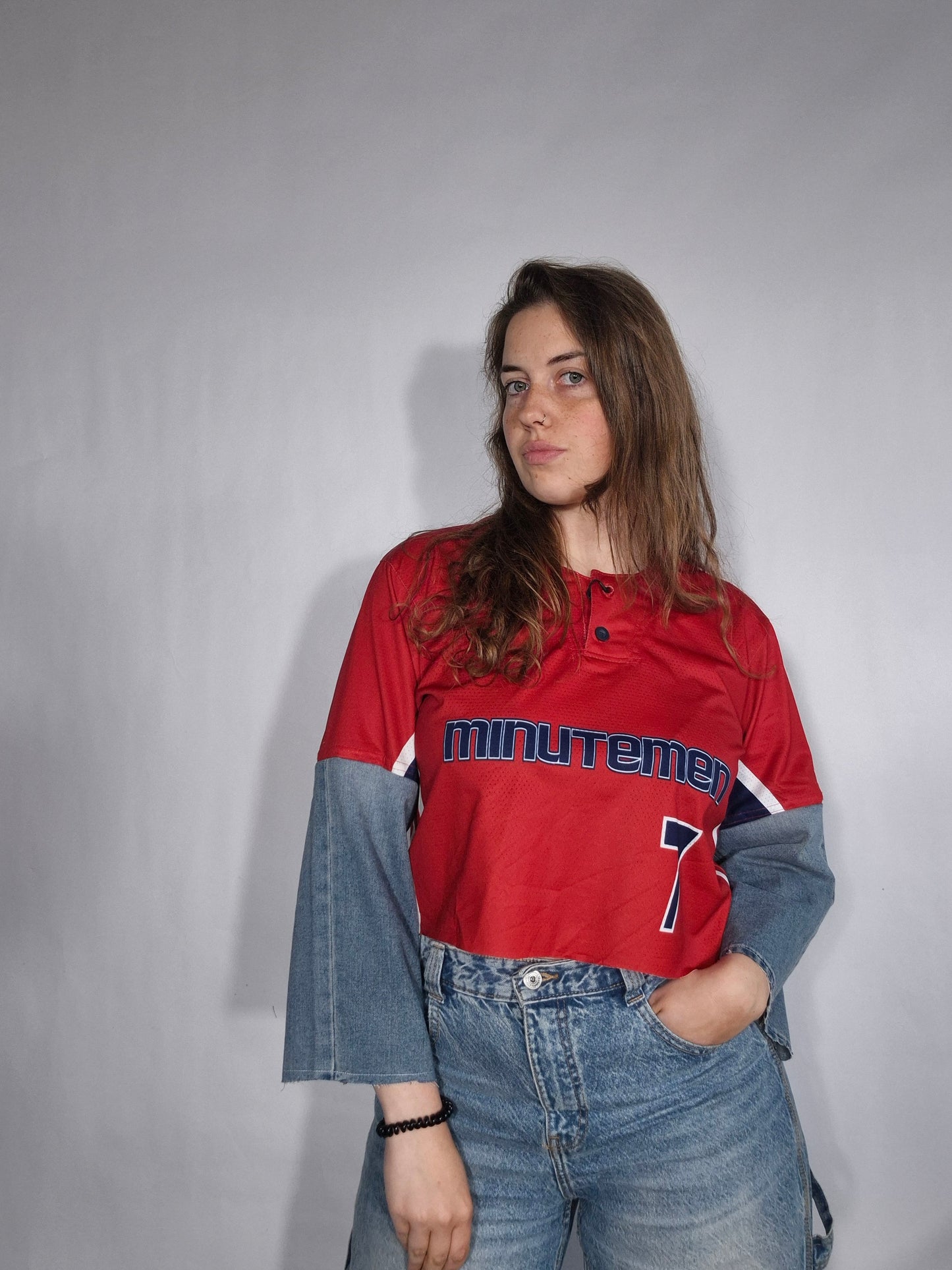 Jersey denim sleeve cropped