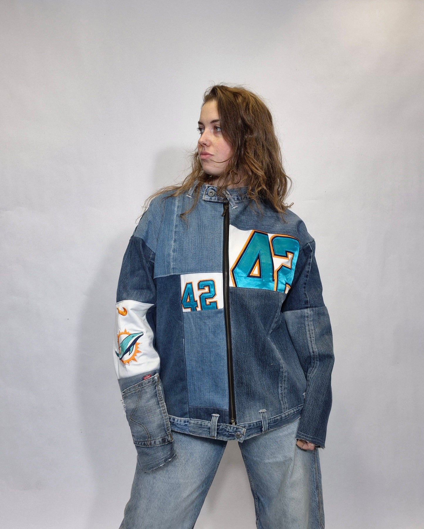 Patchwork jacket long unisex blue