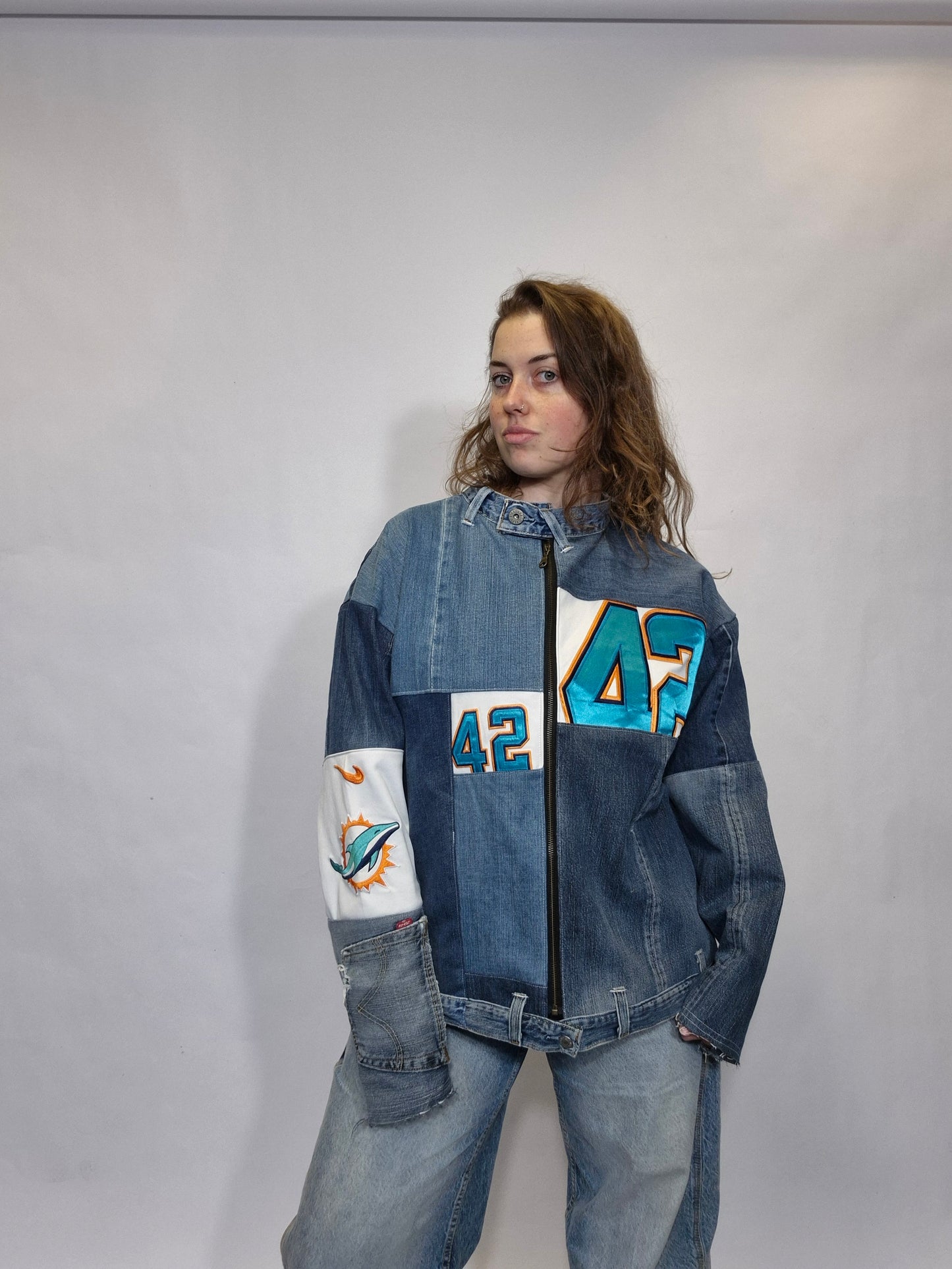 Patchwork jacket long unisex blue